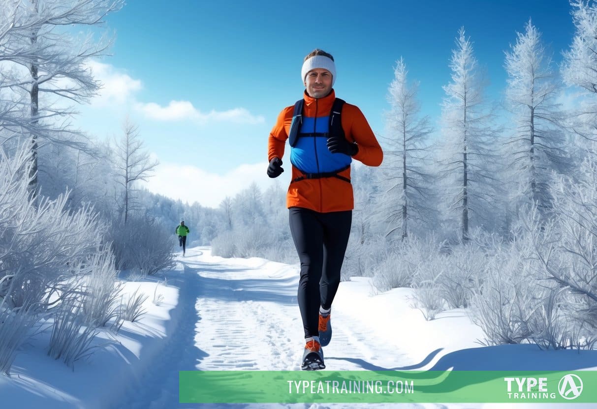 A runner in winter gear on a snowy trail, surrounded by frosty trees and a clear blue sky