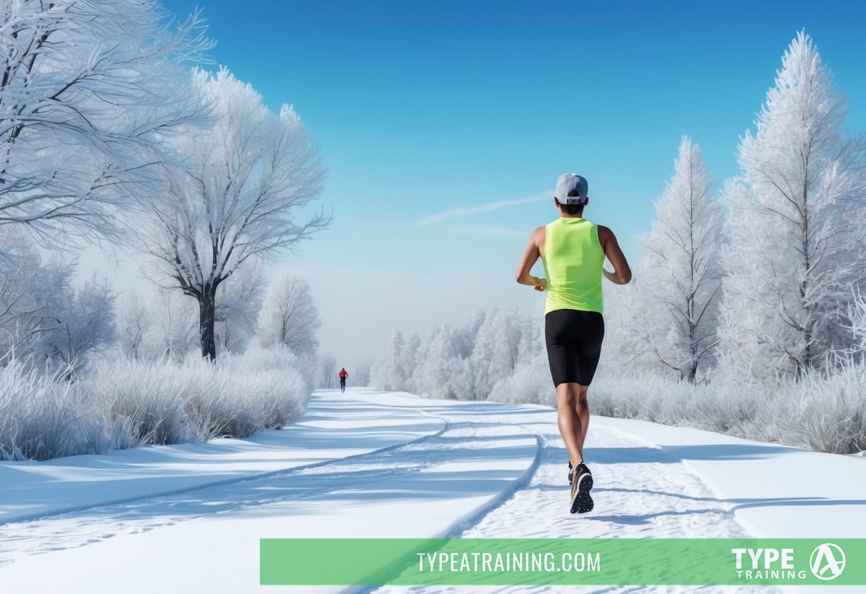 A lone runner on a snowy path, surrounded by frosty trees and a clear blue sky