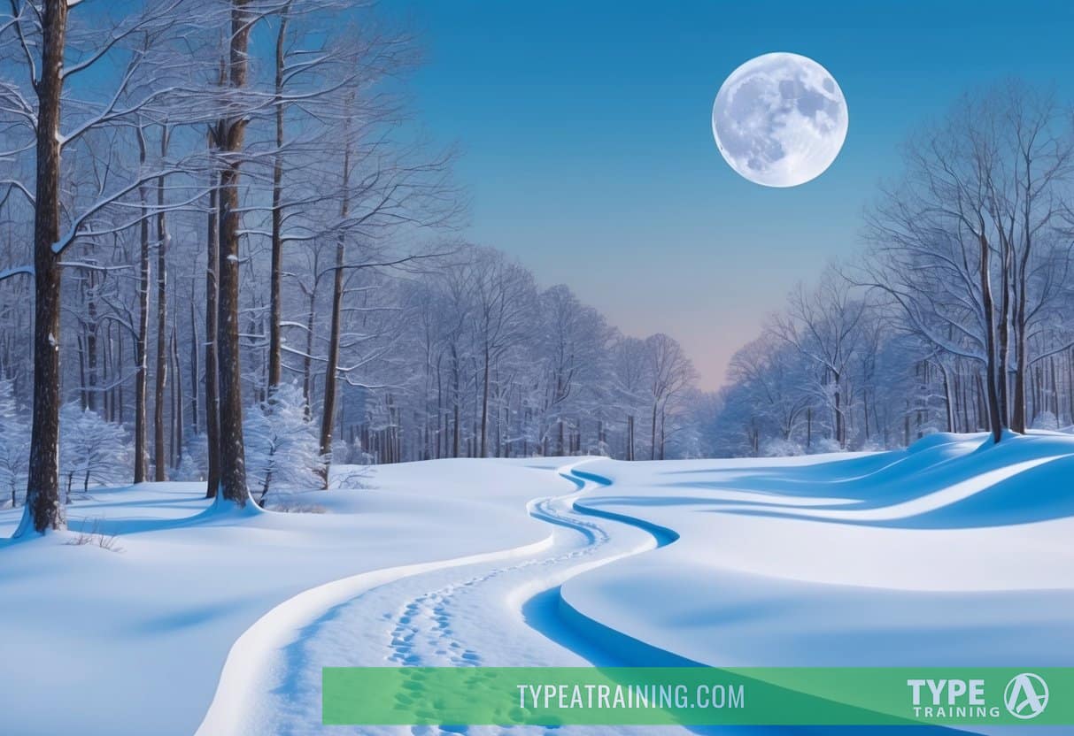 A serene winter landscape with a winding trail through snow-covered trees, with a clear sky and a full moon casting a soft glow