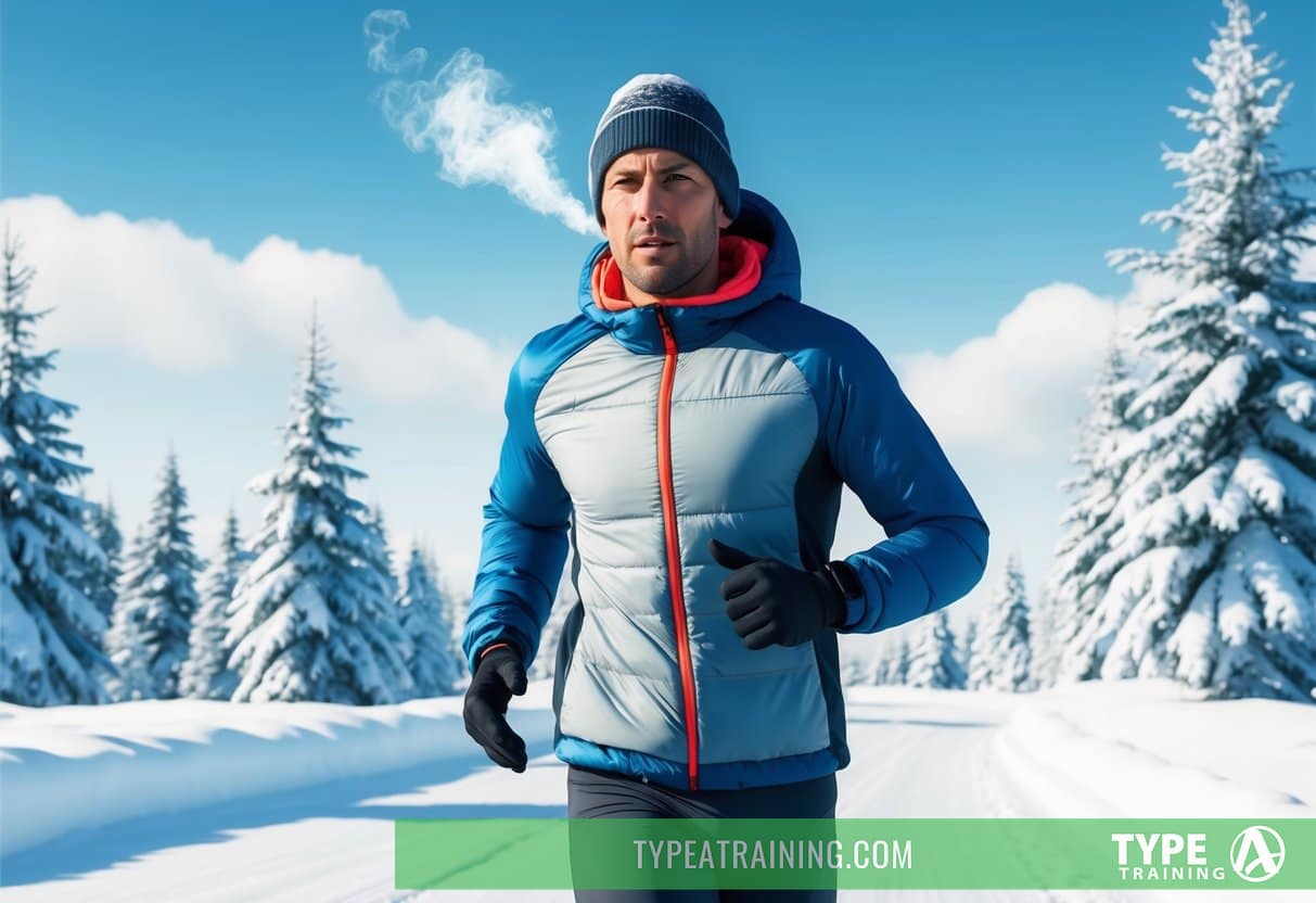 A runner in cold weather, wearing layers and a hat, breath visible, surrounded by snowy trees and a clear blue sky