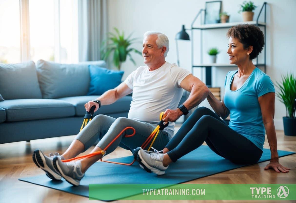 A senior works out with a personal trainer in their living room, using resistance bands and a yoga mat. The trainer provides encouragement and guidance