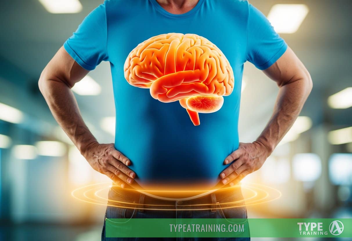 A large, inflamed brain hovers above a midlife waist, surrounded by signs of obesity and dementia risk