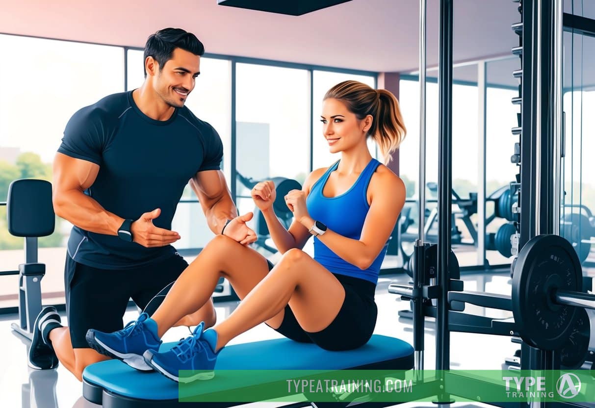 A personal trainer guiding a client through a workout session in a well-equipped gym. The trainer is demonstrating various exercises and providing feedback
