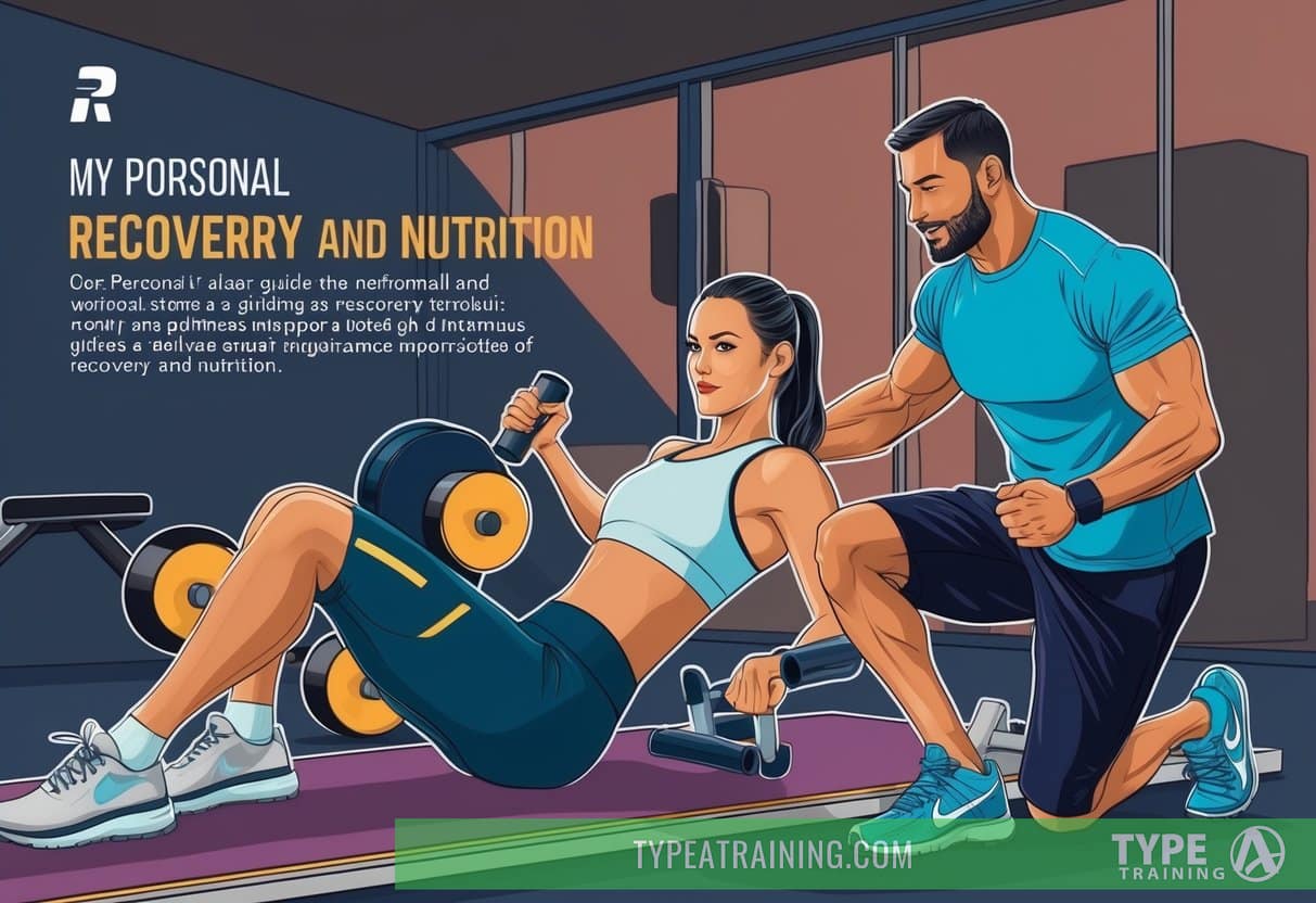 A personal trainer guiding a client through a workout, emphasizing the importance of recovery and nutrition
