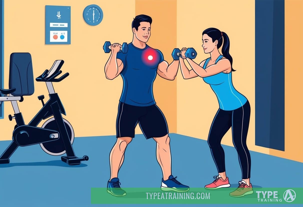 A person and a personal trainer working out together in a gym, focusing on strength training and cardio exercises