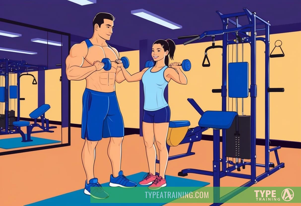 A personal trainer guiding a client through a workout routine in a well-equipped gym