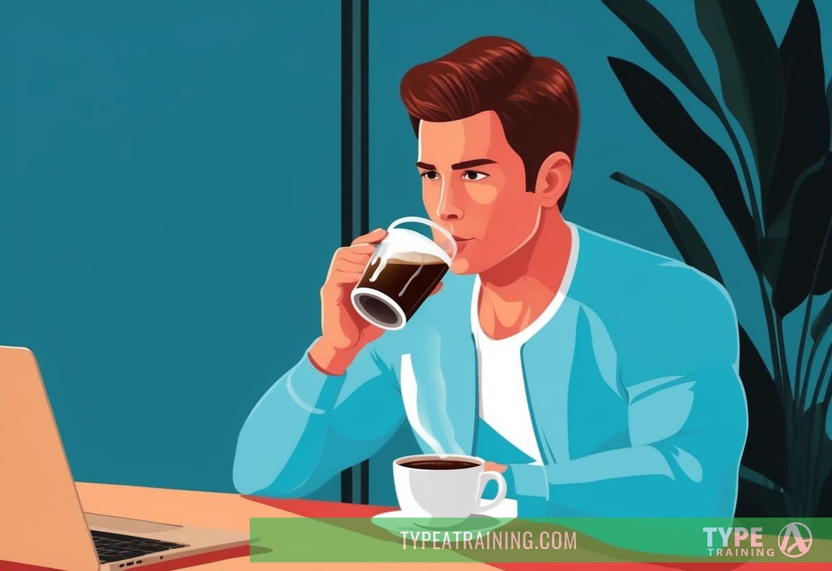 A person sipping coffee, then exercising with increased energy and focus