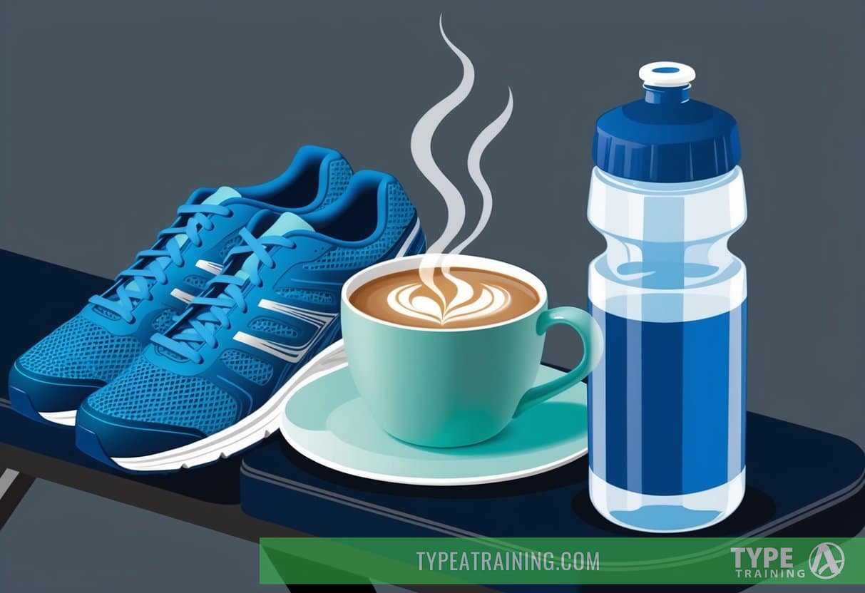 A steaming cup of coffee sits next to a pair of running shoes and a water bottle on a gym bench, ready for a workout