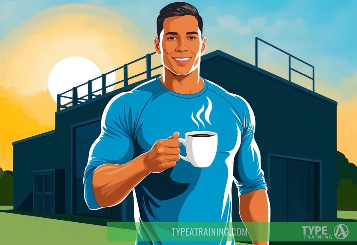 A person holding a cup of coffee, standing in front of a gym with the sun rising in the background
