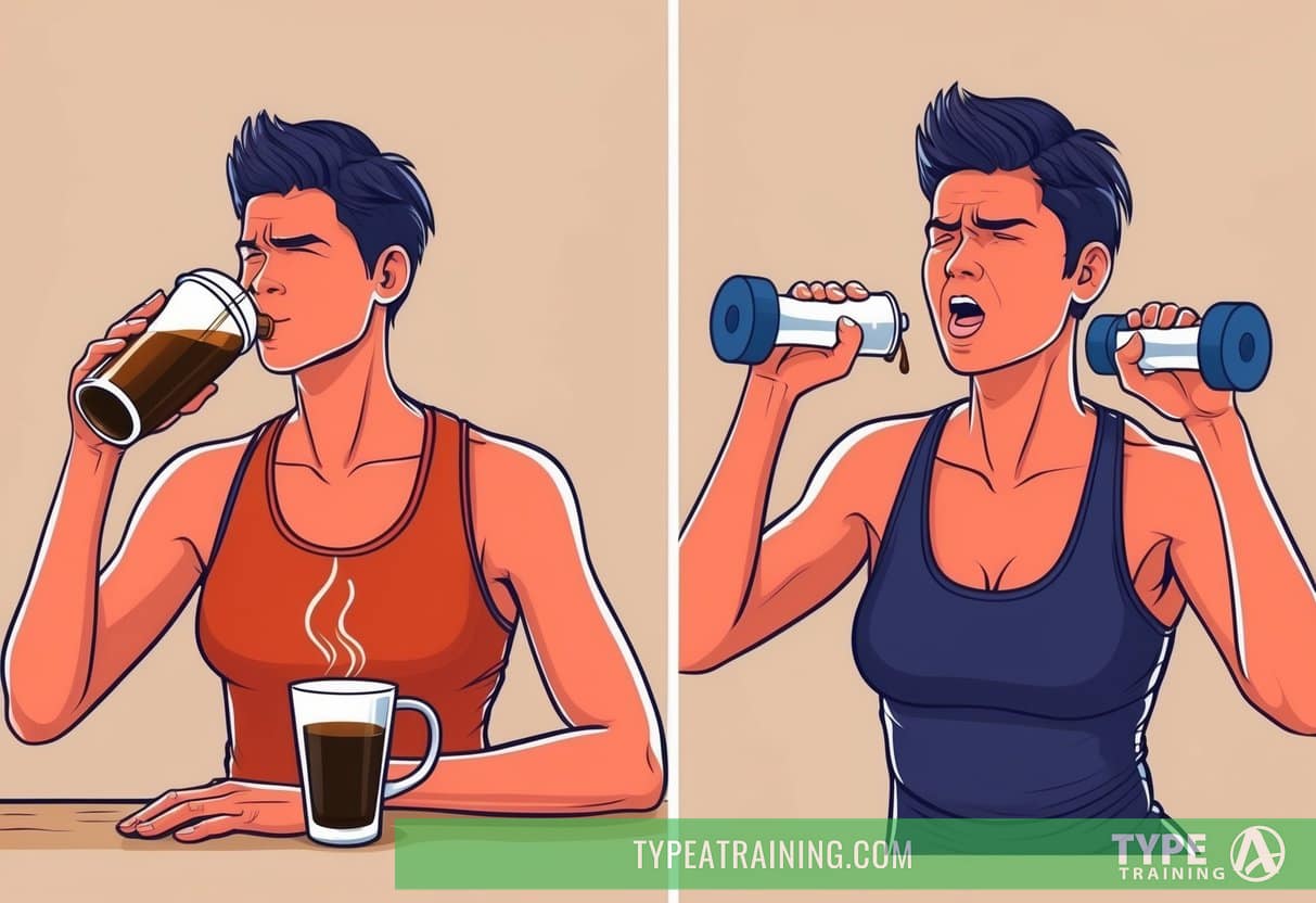 A person drinking coffee before a workout, then struggling to perform during exercise
