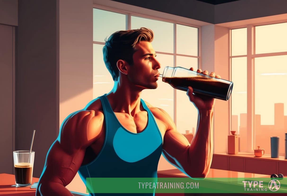 A person drinking coffee before a workout, then exercising with improved performance