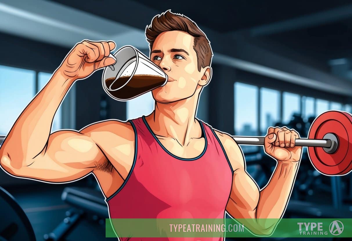 A person drinking coffee before a workout, then engaging in exercise with improved performance