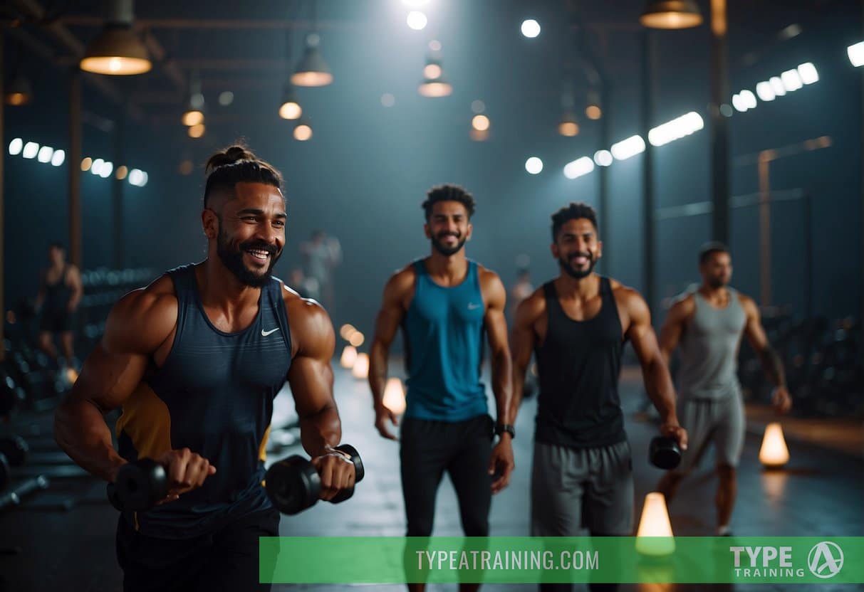 People exercising in a dimly lit gym during Ramadan in 2024. Sweat glistens under the soft glow of the lights as participants push through their workouts
