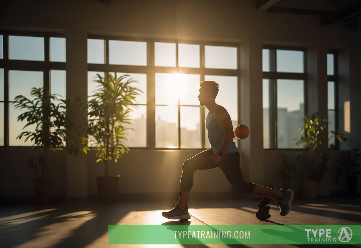 A person is seen exercising in a dimly lit room, with a clock on the wall showing the time to be just before sunset. The person is engaged in a light workout, taking breaks to hydrate and catch their breath