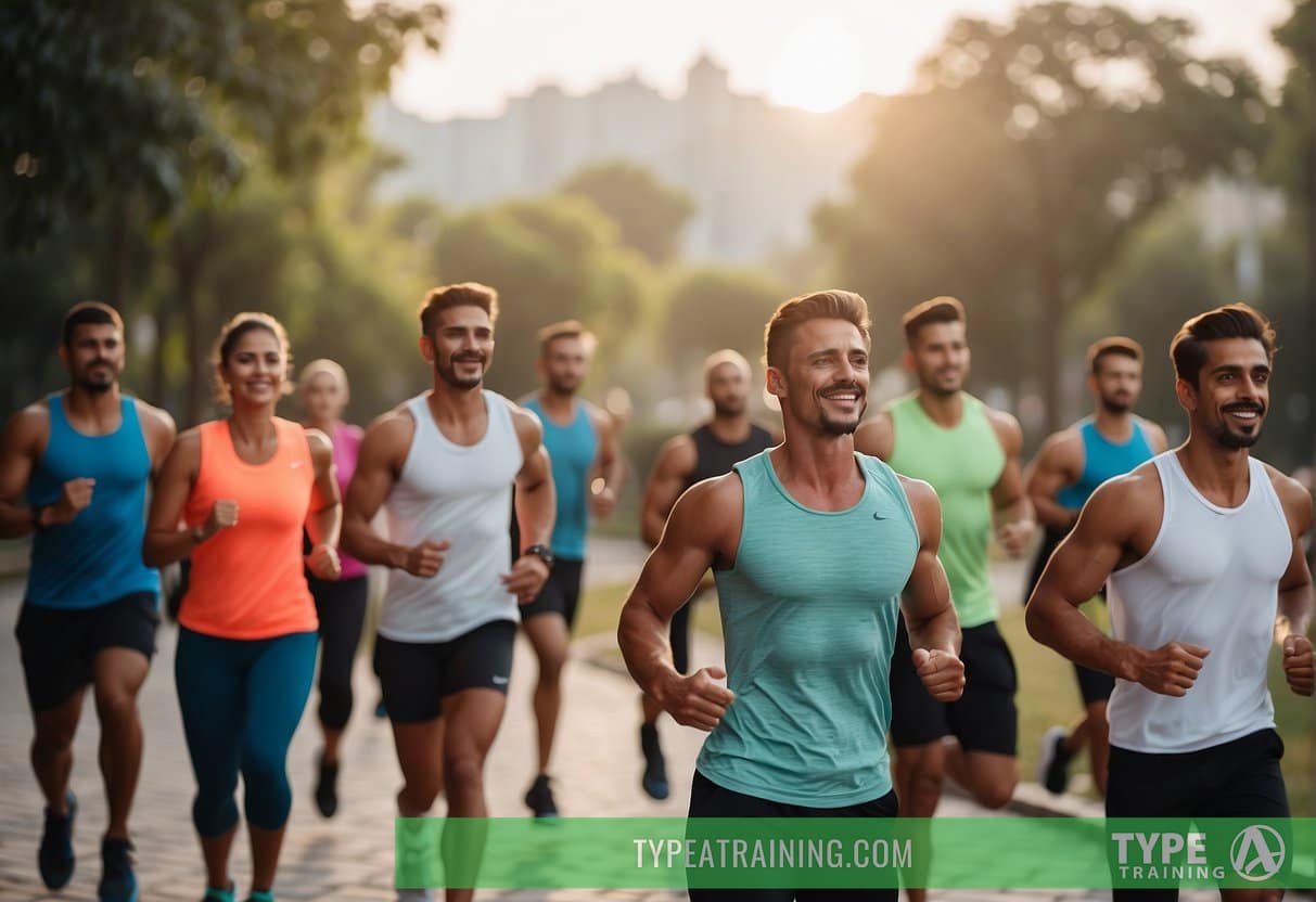 A group of people engage in a high-energy workout session during Ramadan in 2024, focusing on the synergy between nutrition and fitness. The atmosphere is vibrant and energetic, with a sense of dedication and determination in the air