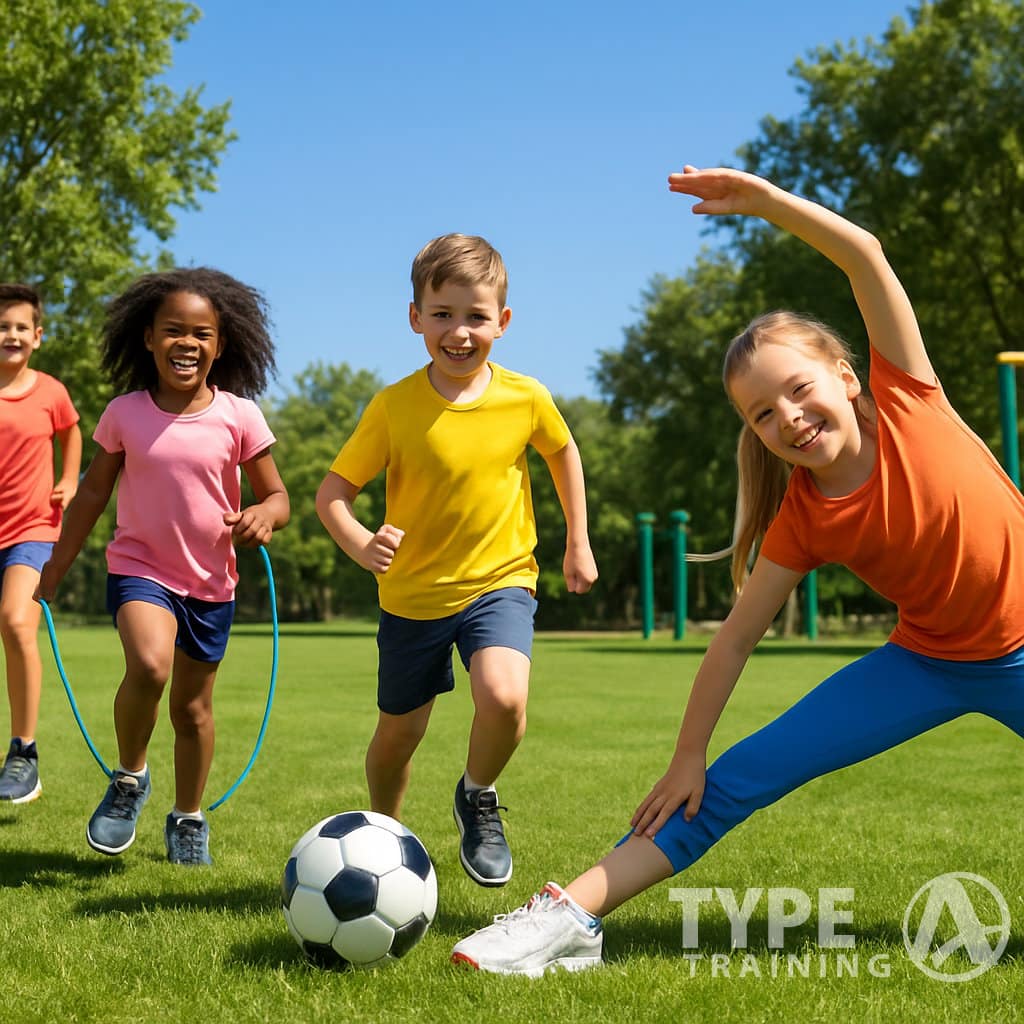 Children playing and exercising outdoors in a park, running, jumping rope, and playing soccer on green grass.