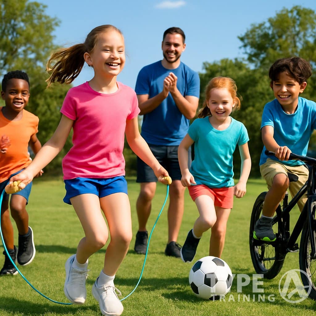 Children playing and exercising outdoors in a park while an adult encourages them.