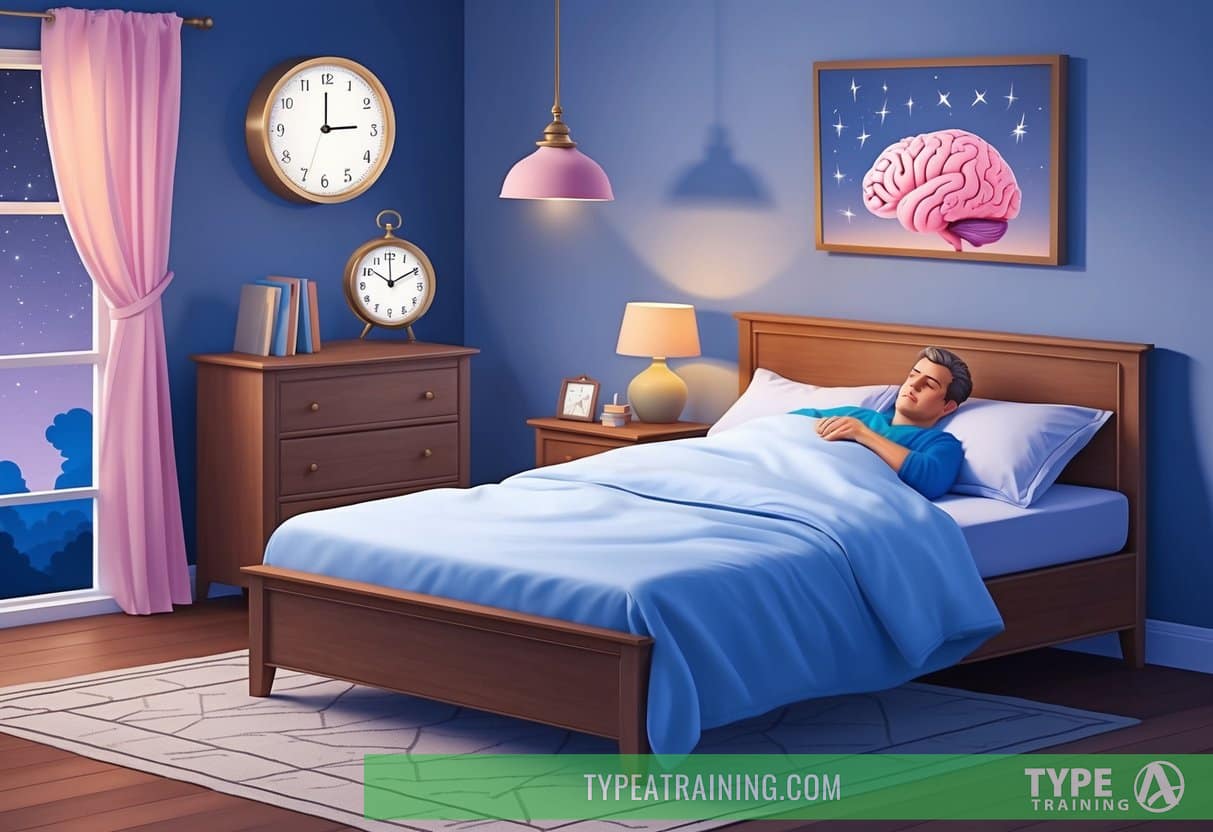 A peaceful bedroom with a clock showing late night, a brain with aging effects, and a restless sleeper tossing and turning in bed