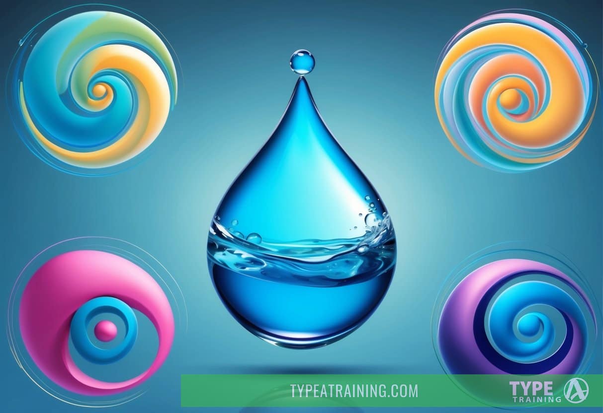 A water droplet surrounded by six swirling myths, each depicted as a unique, abstract shape