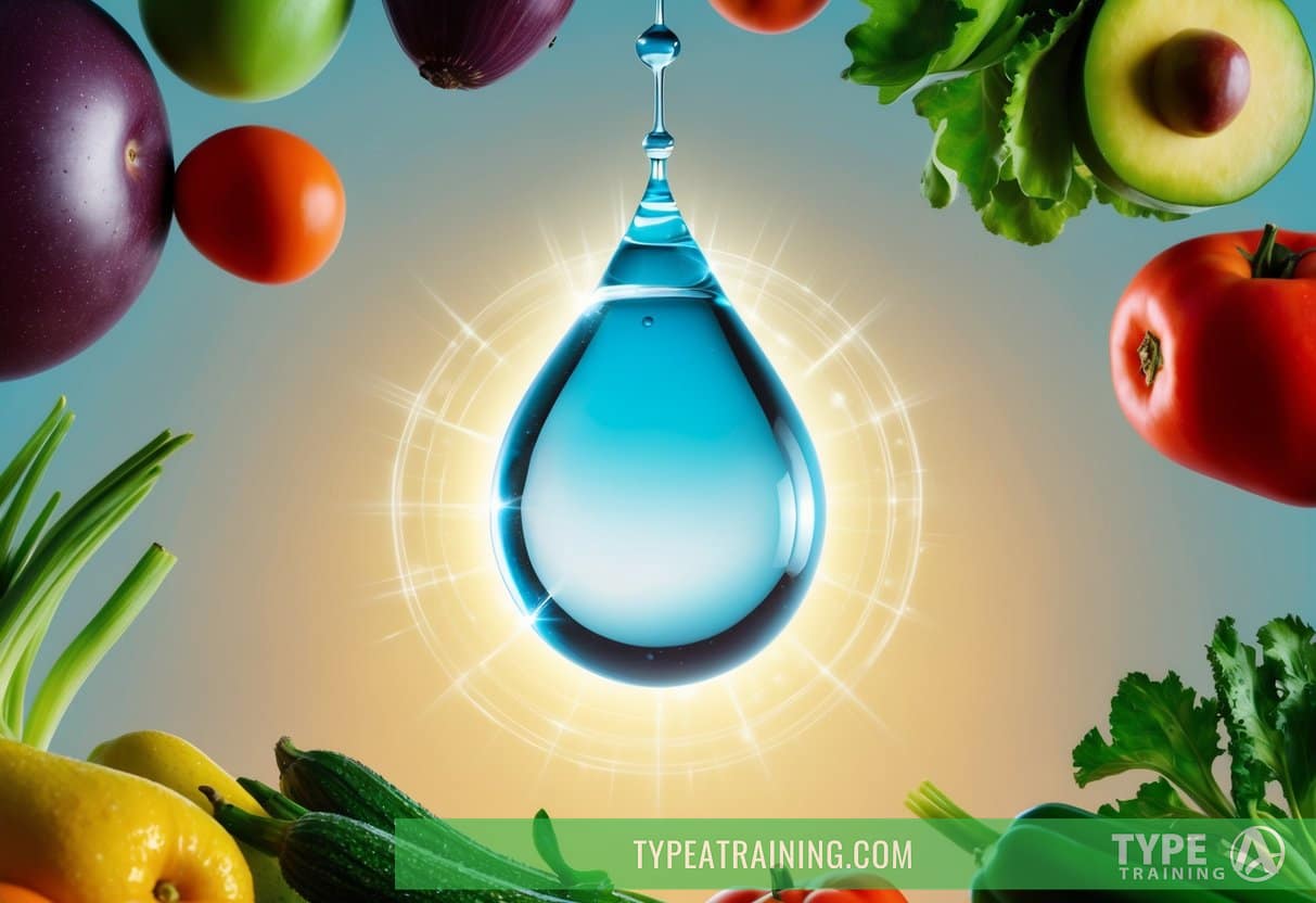 A clear water droplet suspended in mid-air, surrounded by various fruits and vegetables, with a glowing aura emanating from it