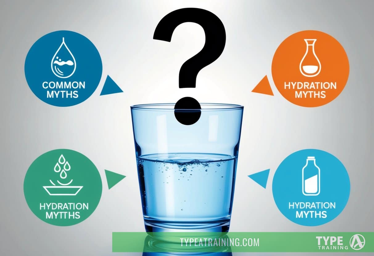 A glass of water with a question mark hovering above it, surrounded by various symbols representing common hydration myths