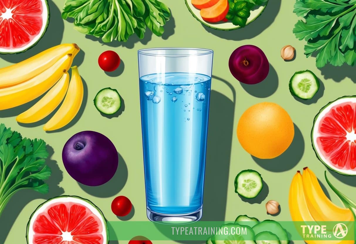 A glass of water surrounded by various healthy beverage options, including fruits and vegetables