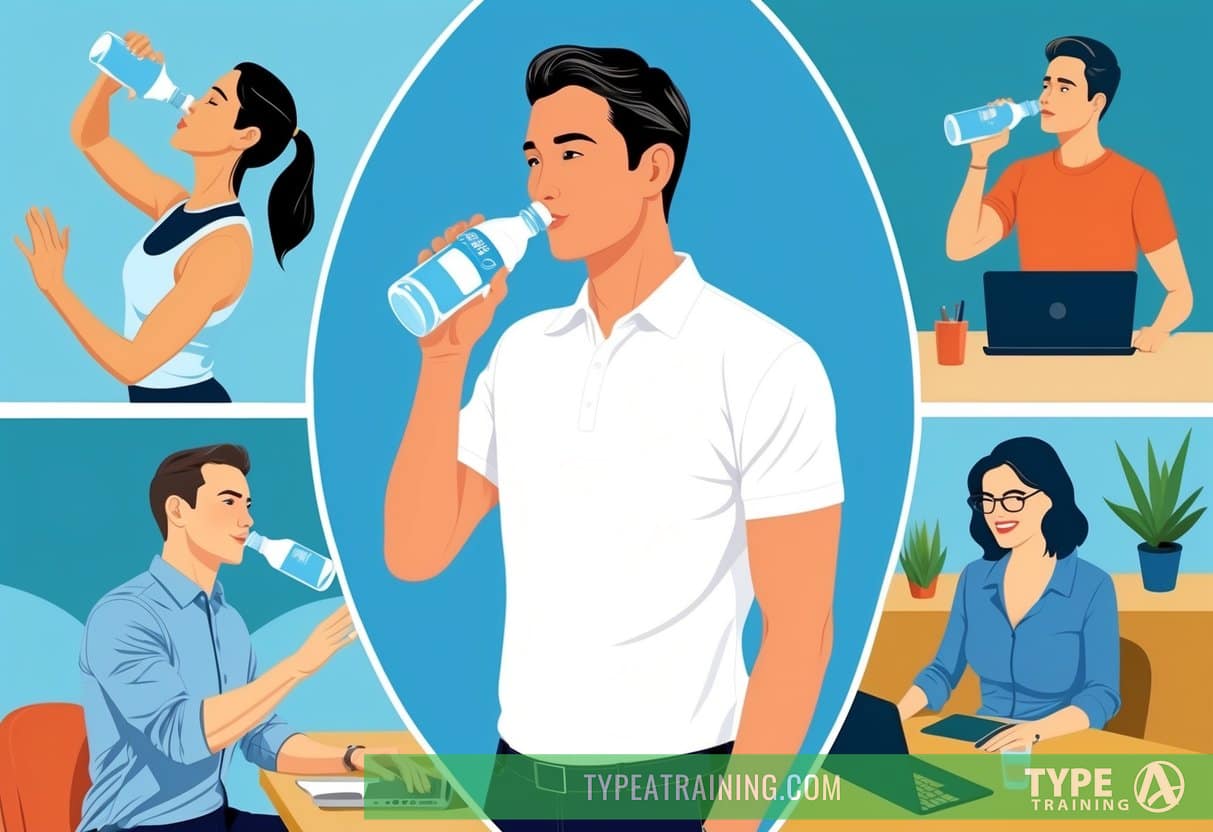 A person drinking water while engaging in various lifestyle activities, such as exercising, working, and socializing