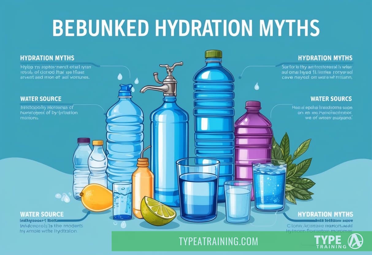 A variety of water sources surrounded by debunked hydration myths