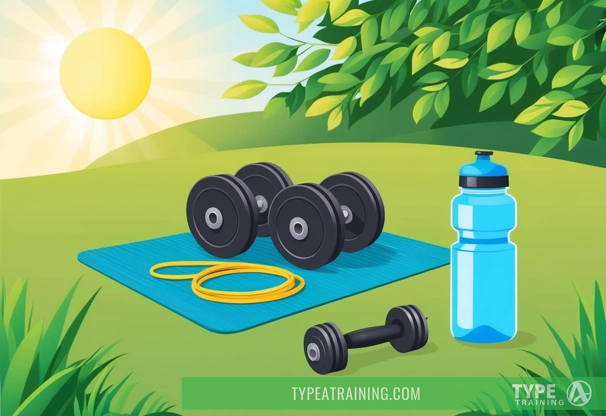 A serene outdoor setting with a yoga mat, dumbbells, resistance bands, and a water bottle. Sunshine and greenery create a peaceful atmosphere for a workout