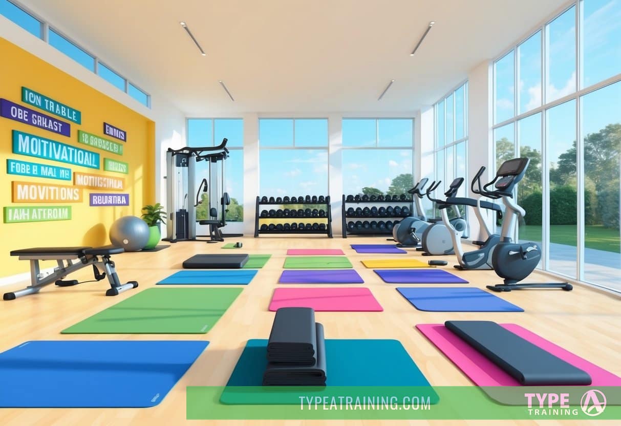 A bright, airy gym with modern equipment and colorful workout mats. An open space for yoga and stretching. A wall of motivational quotes and images