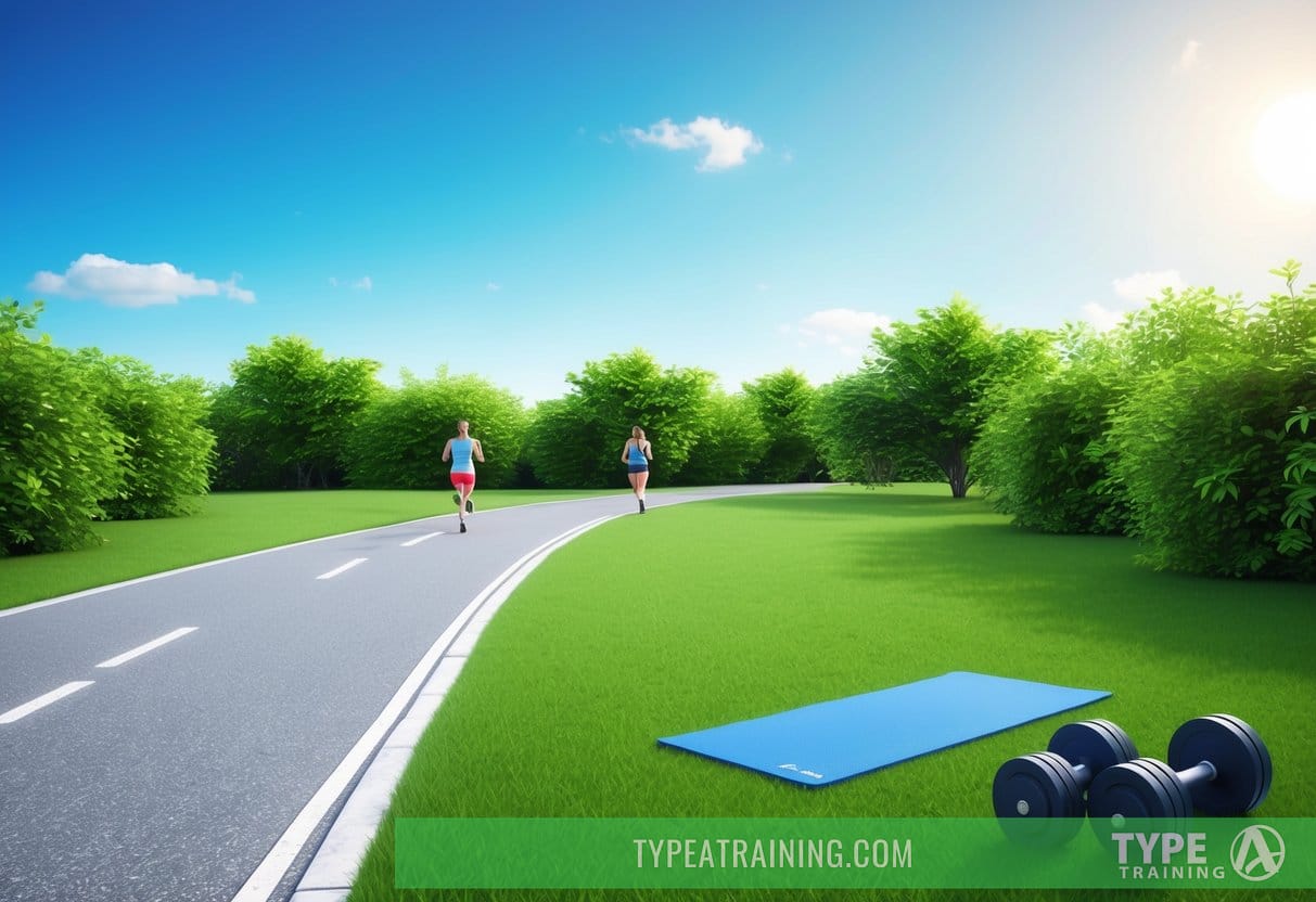 A serene outdoor setting with a clear blue sky, lush greenery, and a paved path for jogging or cycling. A nearby yoga mat and set of free weights are positioned on the grass