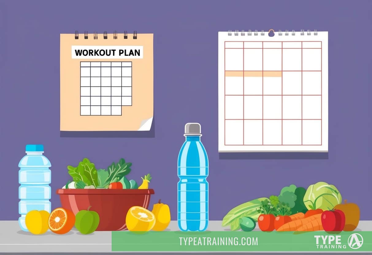 A kitchen counter with fresh fruits, vegetables, and a water bottle. A workout plan and a calendar pinned on the wall