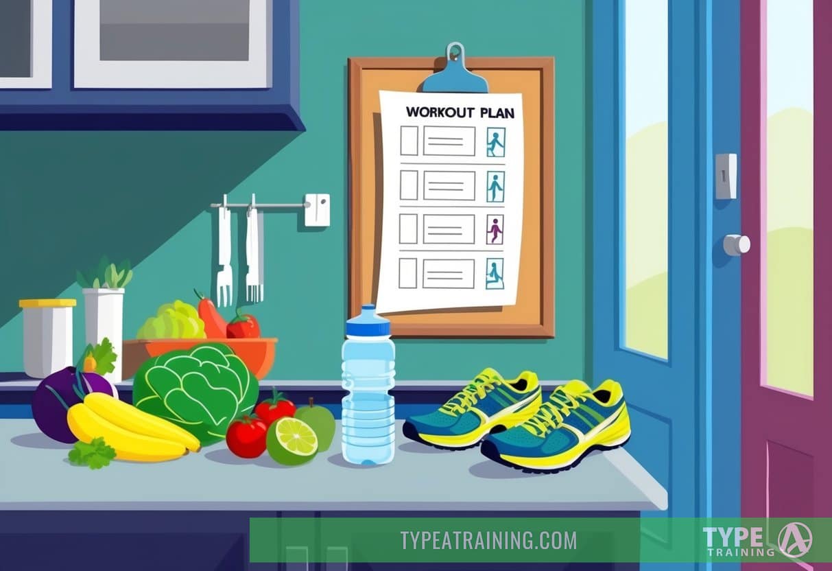 A kitchen counter with fresh fruits, vegetables, and a water bottle. A workout plan pinned to a bulletin board. Outdoor running shoes by the door