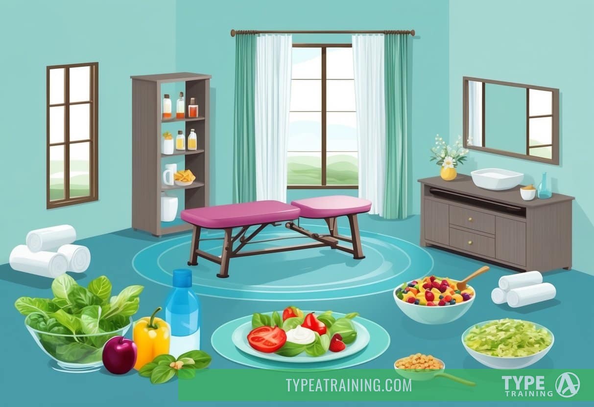 A serene spa setting with exercise equipment and healthy food options for a pre-wedding health and beauty regimen