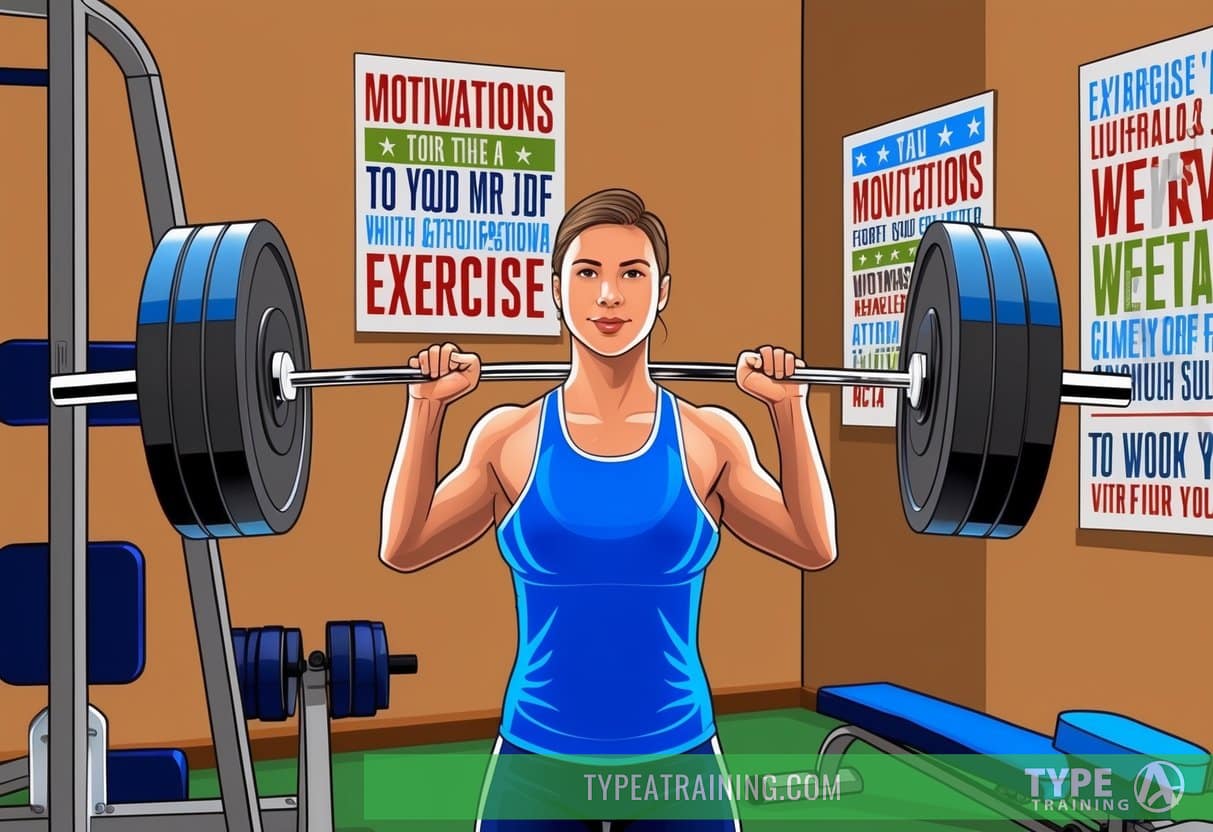 A person lifting weights in a gym, surrounded by exercise equipment and motivational posters