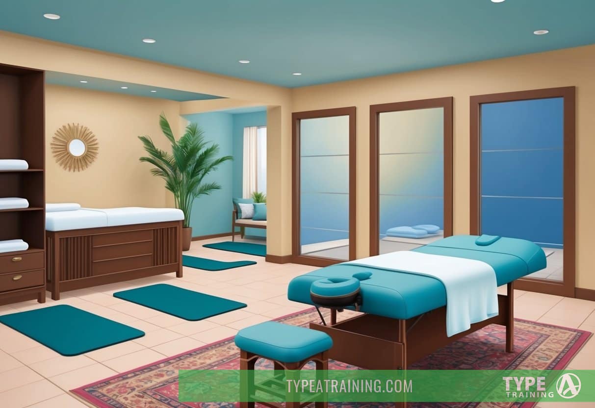 A serene massage room with a massage table and soothing decor, next to a spacious area with mats and equipment for assisted stretching