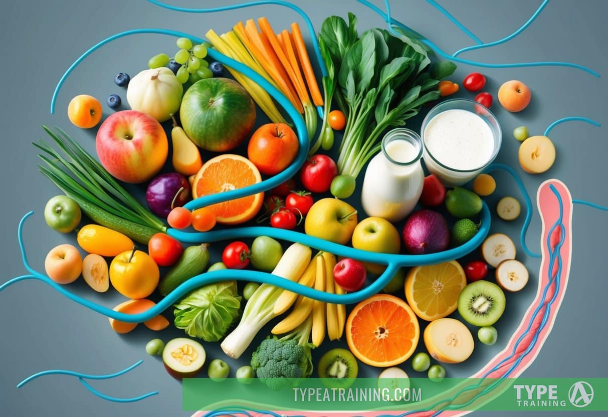 A colorful array of fruits, vegetables, and dairy products, surrounded by swirling lines representing the digestive system