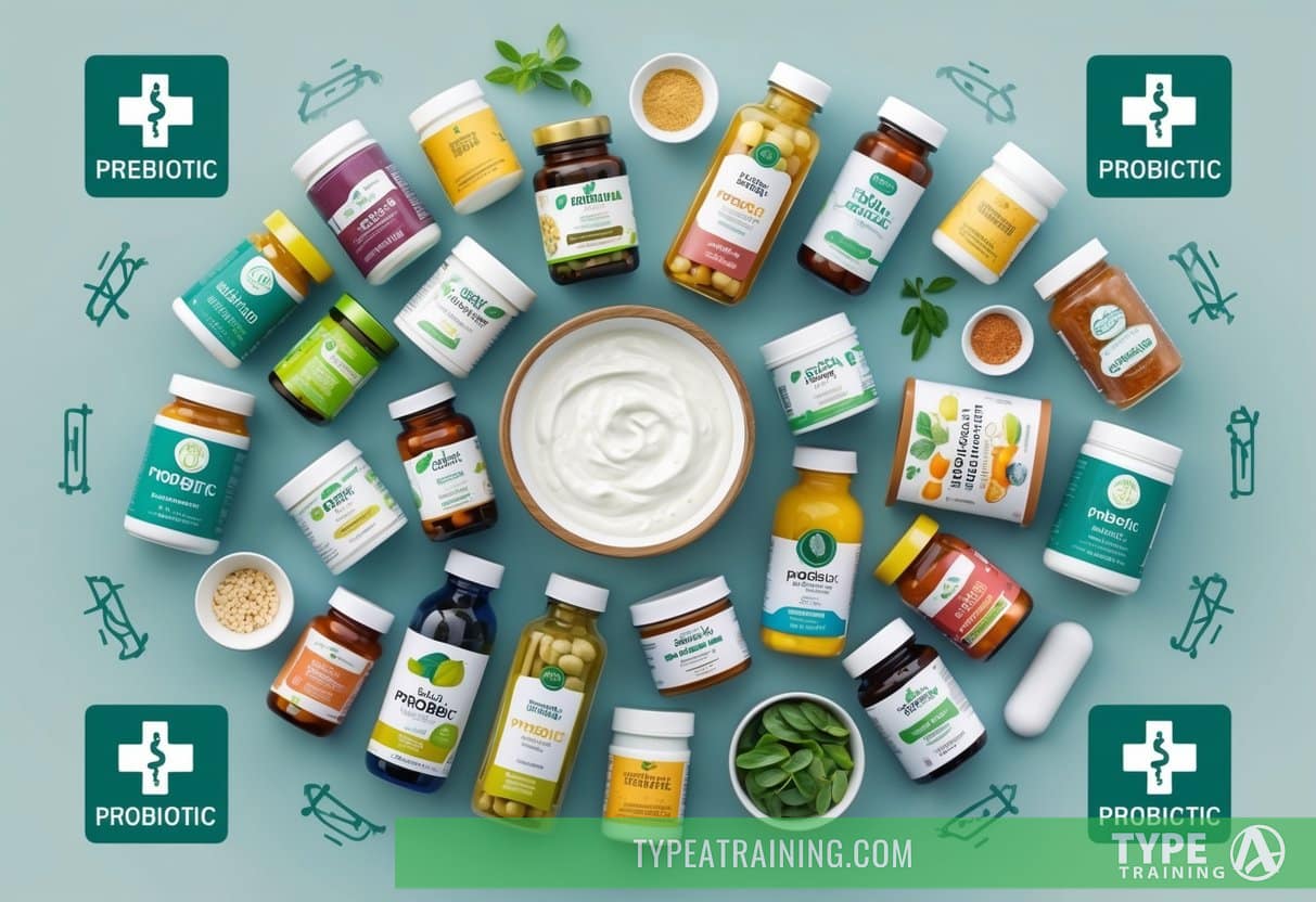 A collection of various foods and supplements, some labeled "prebiotic" and "probiotic," surrounded by medical symbols and caution signs