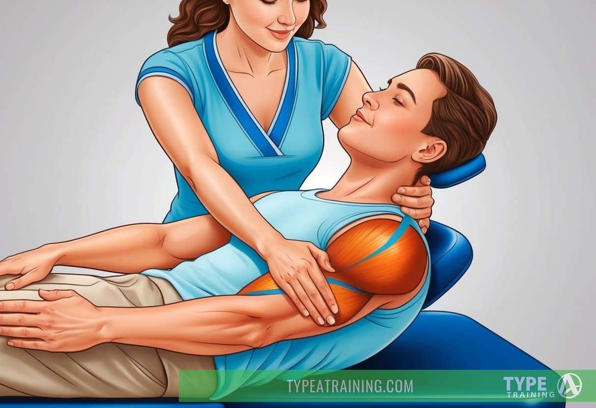 A person receiving a massage therapy assisted stretch, with the therapist gently stretching their limbs and applying pressure to specific muscle groups