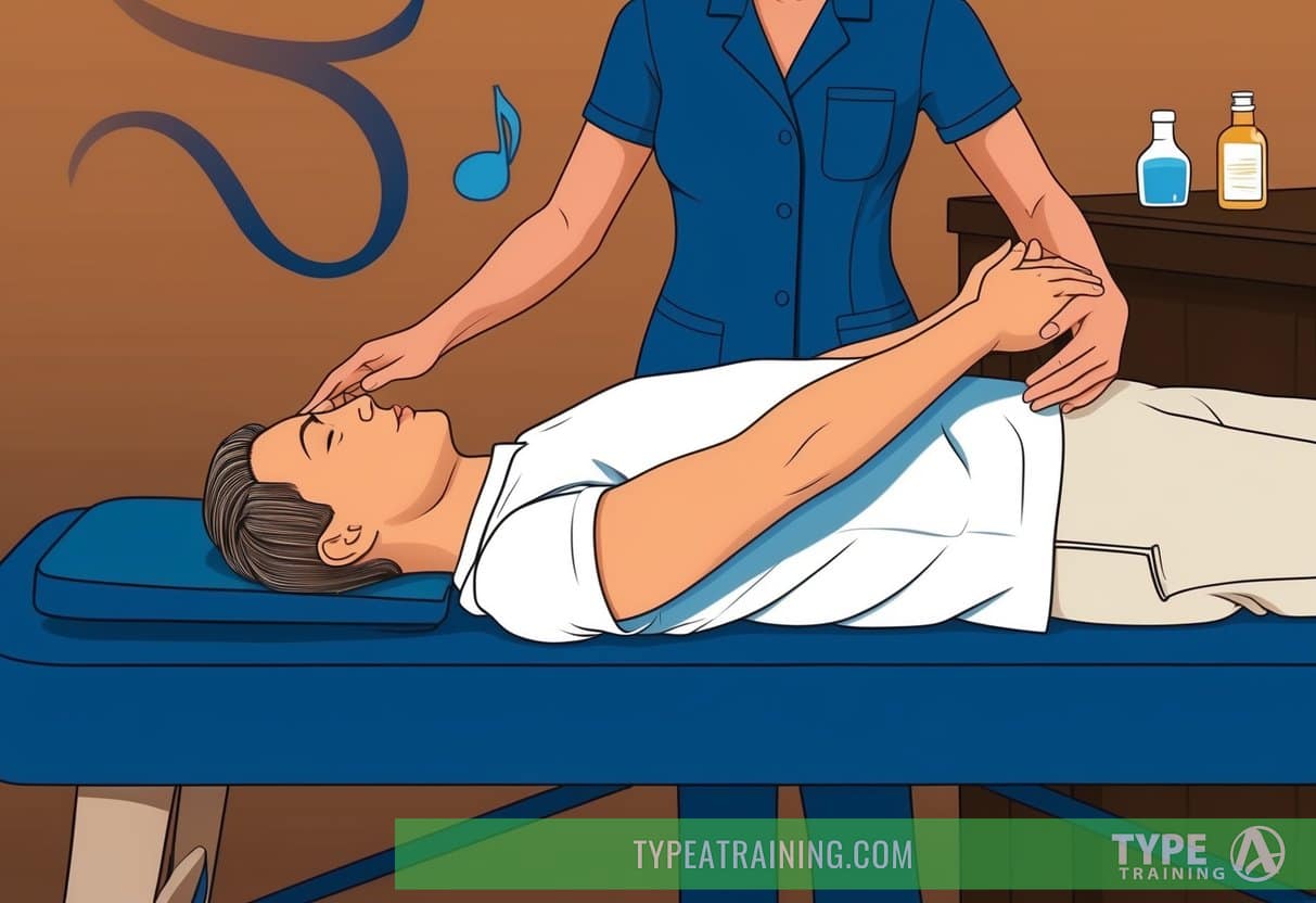 A person lying on a massage table receiving assisted stretching from a therapist, with massage oils and relaxing music in the background