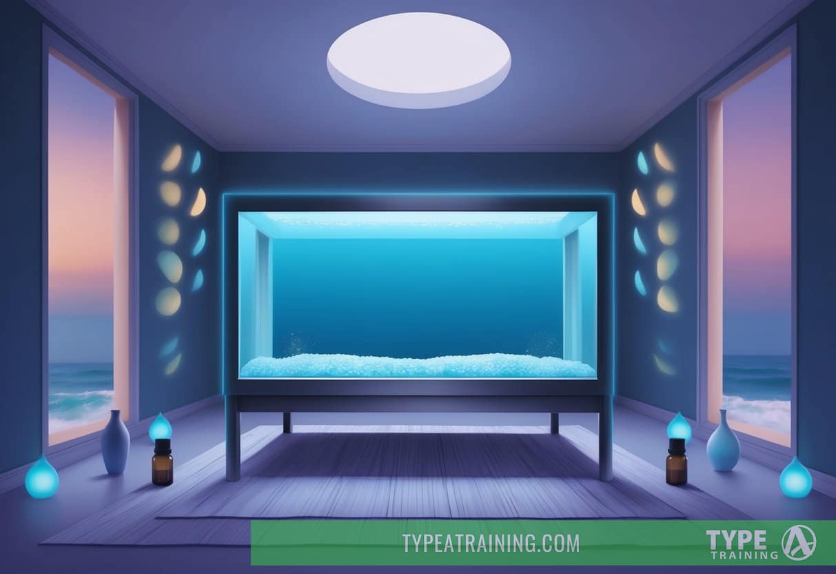A serene, dimly lit room with a large sensory deprivation tank filled with salt water, surrounded by soft ambient music and the scent of essential oils