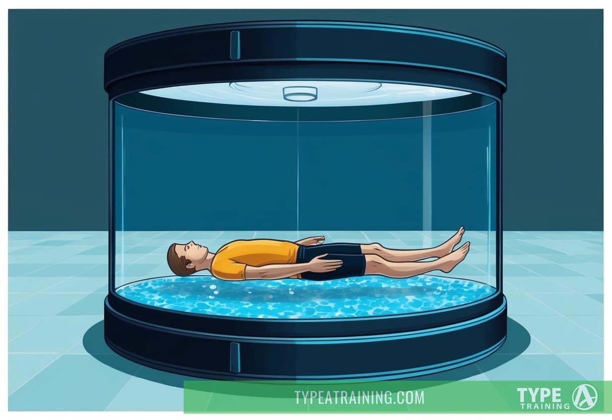 A person floating in a dark, soundproof tank filled with salt water, with only the sensation of weightlessness and the sound of their own breathing