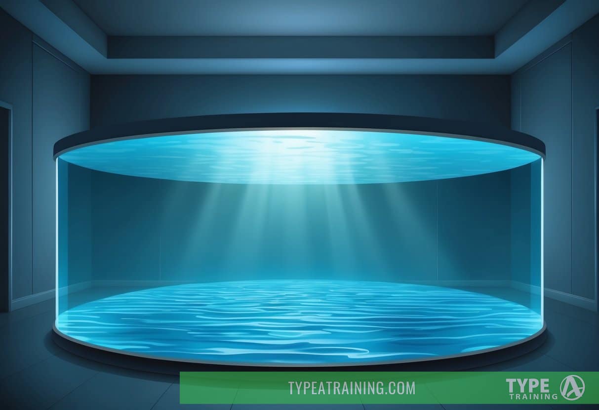 A serene, dimly lit room with a large sensory deprivation tank filled with tranquil, still water. Soft, ambient music plays in the background, creating a peaceful atmosphere