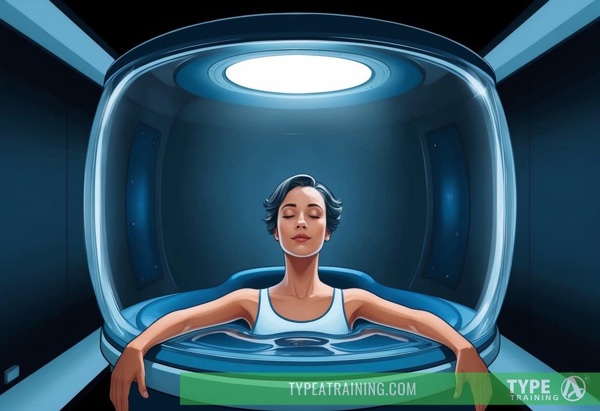 A person floating in a sensory deprivation tank, surrounded by darkness and silence, with a serene expression on their face