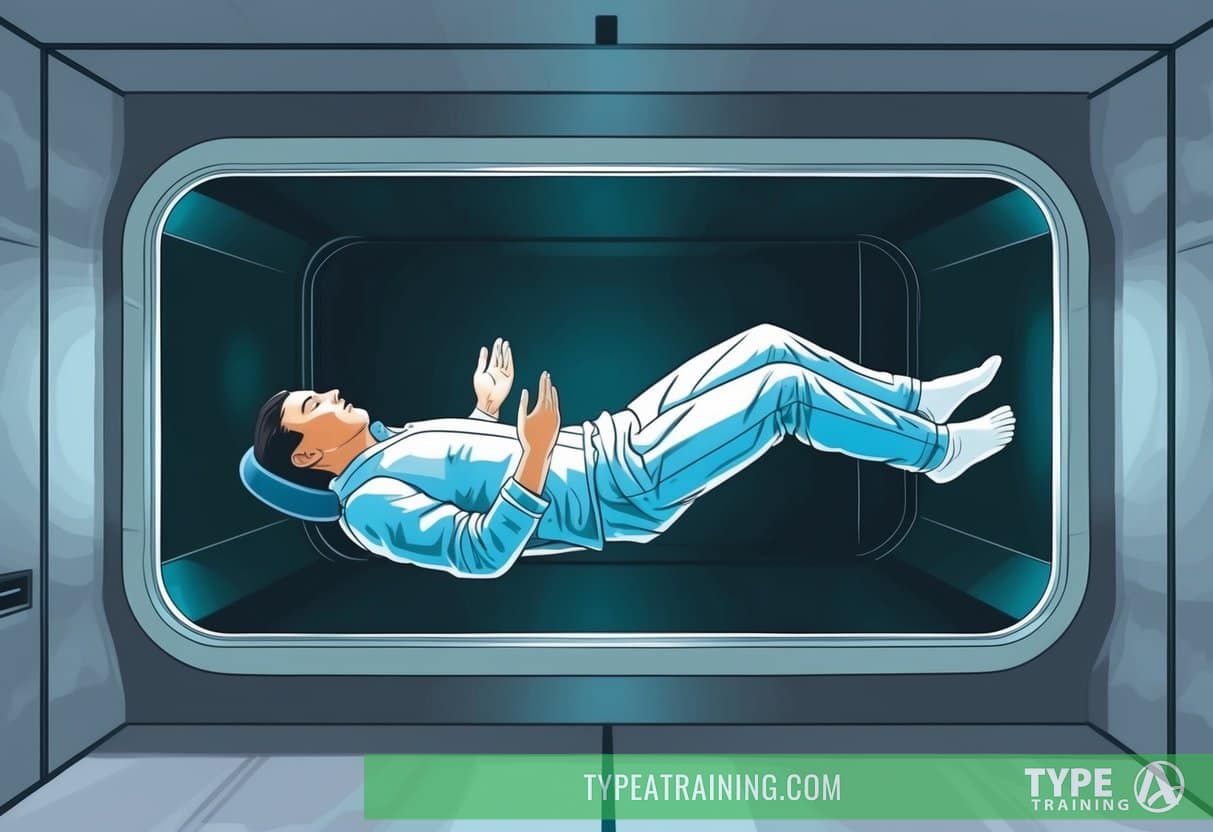 A person floating in a sensory deprivation tank, surrounded by darkness and silence, experiencing psychological benefits and mindfulness