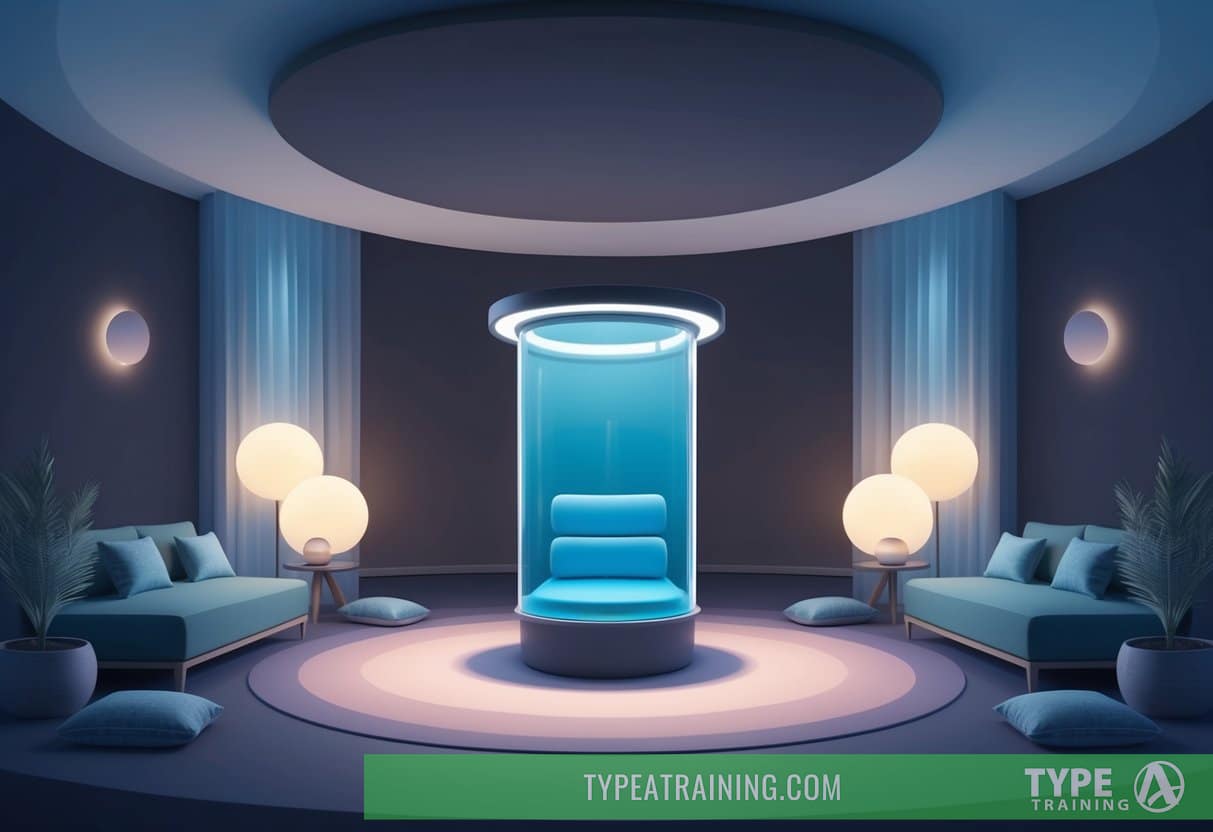 A serene, dimly lit room with a sensory deprivation tank in the center, surrounded by calming decor and soft ambient lighting