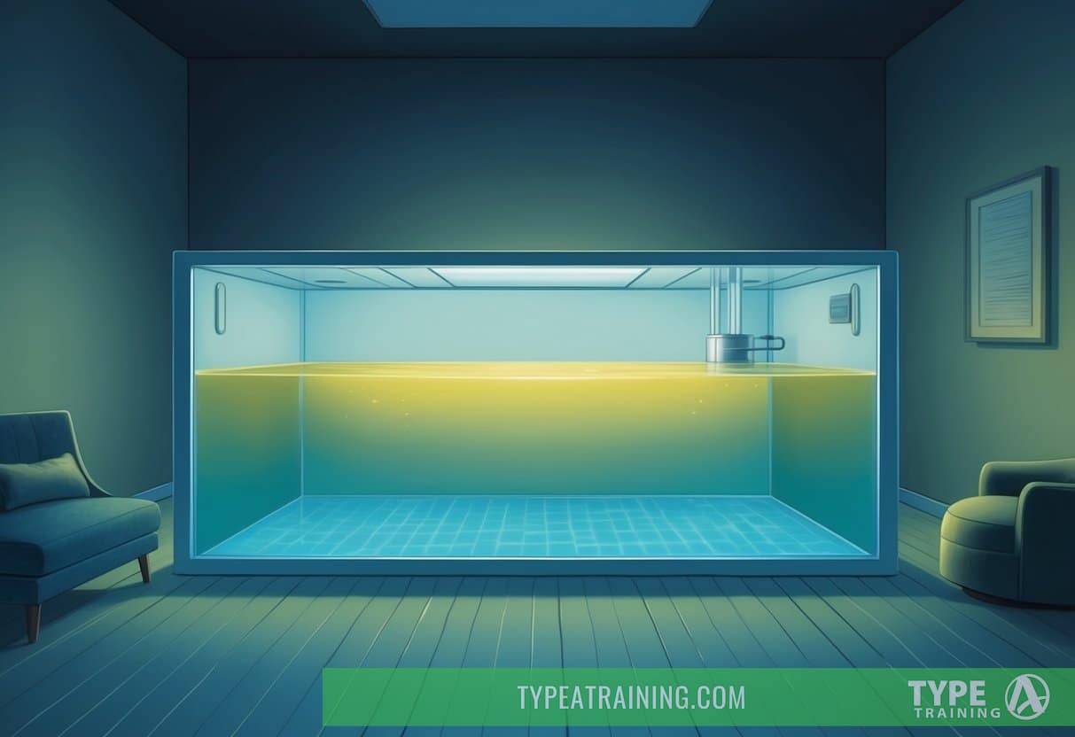 A serene, dimly lit room with a large sensory deprivation tank filled with warm, still water. Soft music plays in the background, creating a peaceful atmosphere