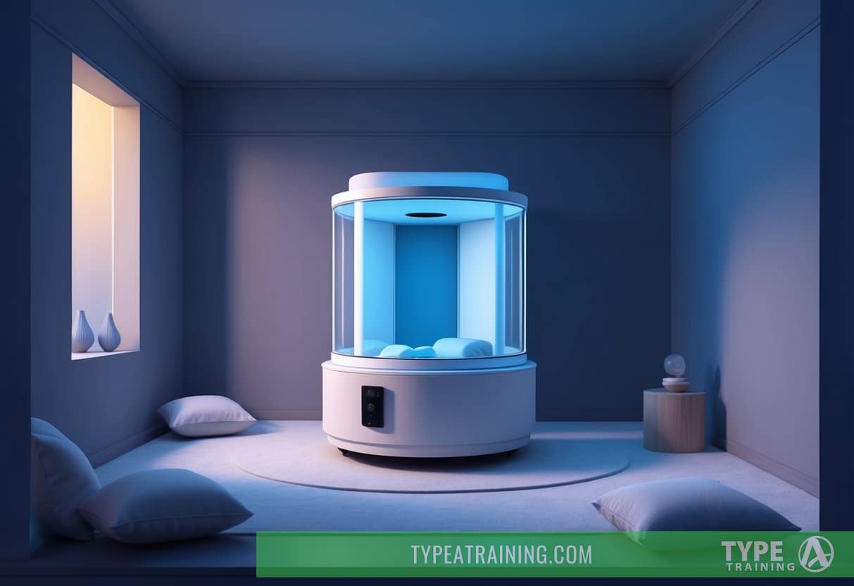 A serene, dimly lit room with a sensory deprivation tank as the focal point. Soft ambient music plays in the background, creating a tranquil atmosphere