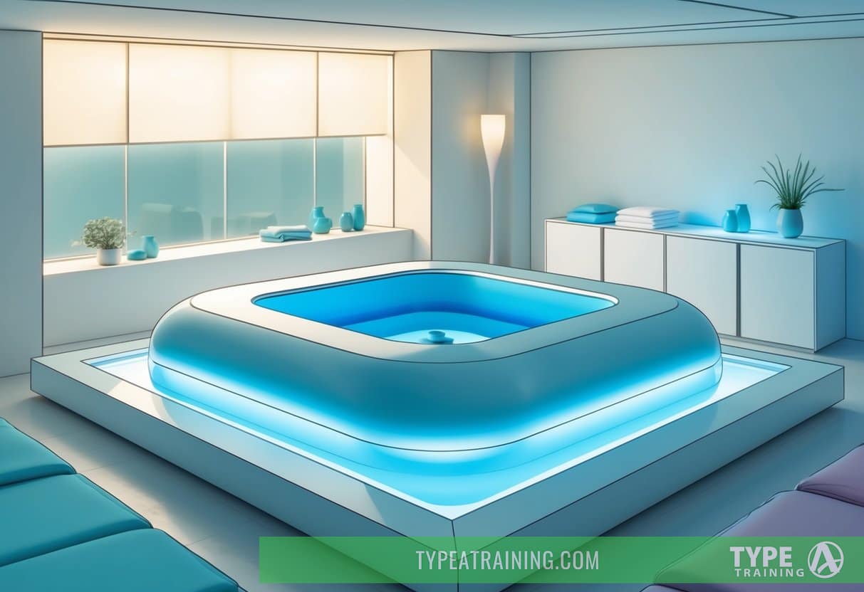 A serene, pristine float tank room with soft lighting, a sleek pod, and a tranquil atmosphere, promoting relaxation and sensory deprivation benefits for health