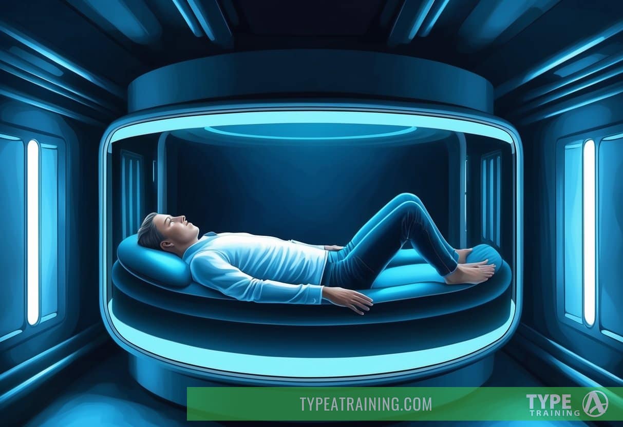 A person floating peacefully in a sensory deprivation tank, surrounded by darkness and silence, experiencing deep relaxation and mental clarity